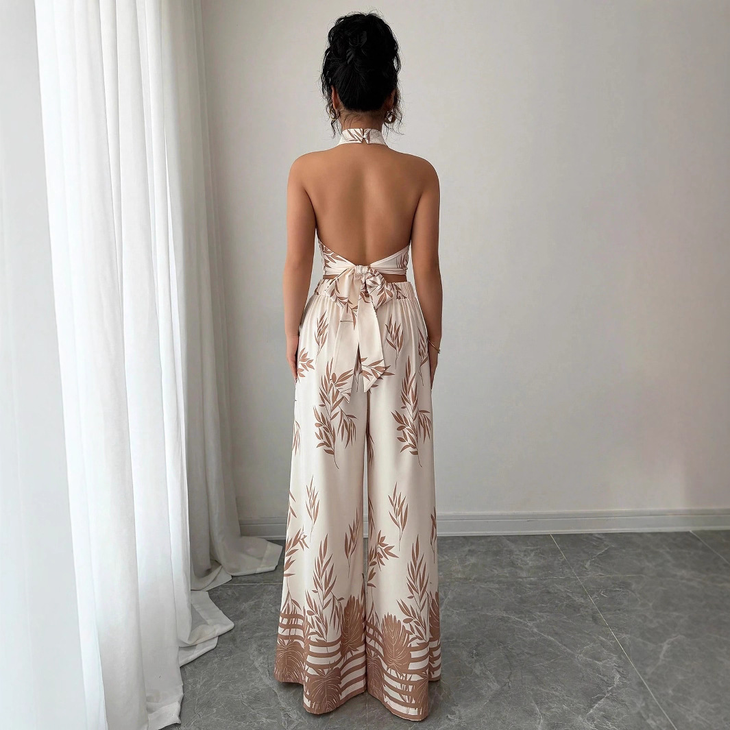 Cross-border Amazon Women's Clothing 2025 Summer Vacation style European and American style halter vest wide-leg long pants Printed set details Picture