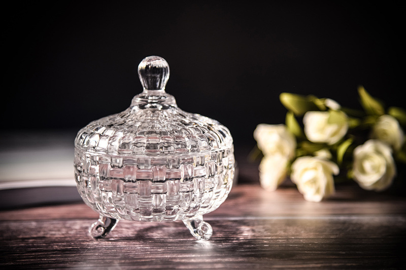 Lead-free glass bamboo woven sugar jar with lid