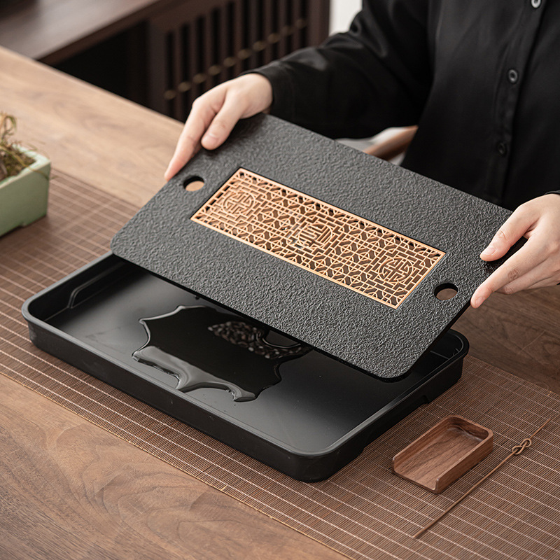 Chinese retro-style magnetic tea tray for water storage and drainage, simple Gongfu tea set, office draining tea table, dry brewing tea saucer Specification image