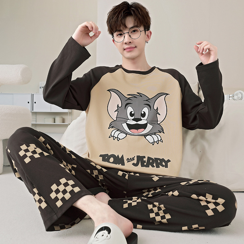 Algodón pijama hombre primavera/otoño 2024 nuevo estilo manga larga slim otoño/invierno niños disponible fuera adolescente tallas grandes ropa de hogar details Picture