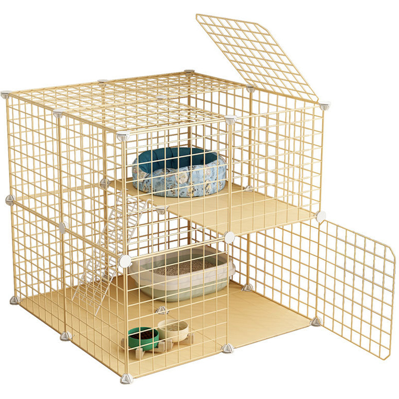 Cat cages, cat villas, yellow cages, natural wood color pet cages, freely assembled iron mesh cages, household cat houses Item Picture