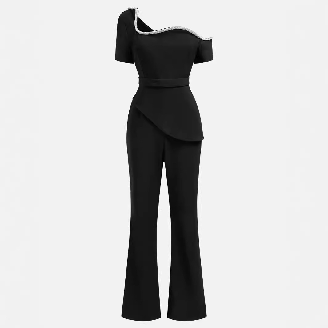 European and American cross-border women's clothing Spring/Autumn 2024 new solid-color off-the-shoulder short-sleeved, cinched waist, irregular wide-leg jumpsuit Item Picture