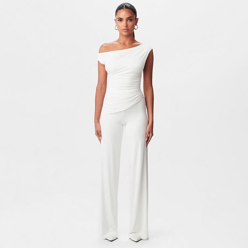 Off-shoulder hollow shrink pleated straight loose pants set thumbnail