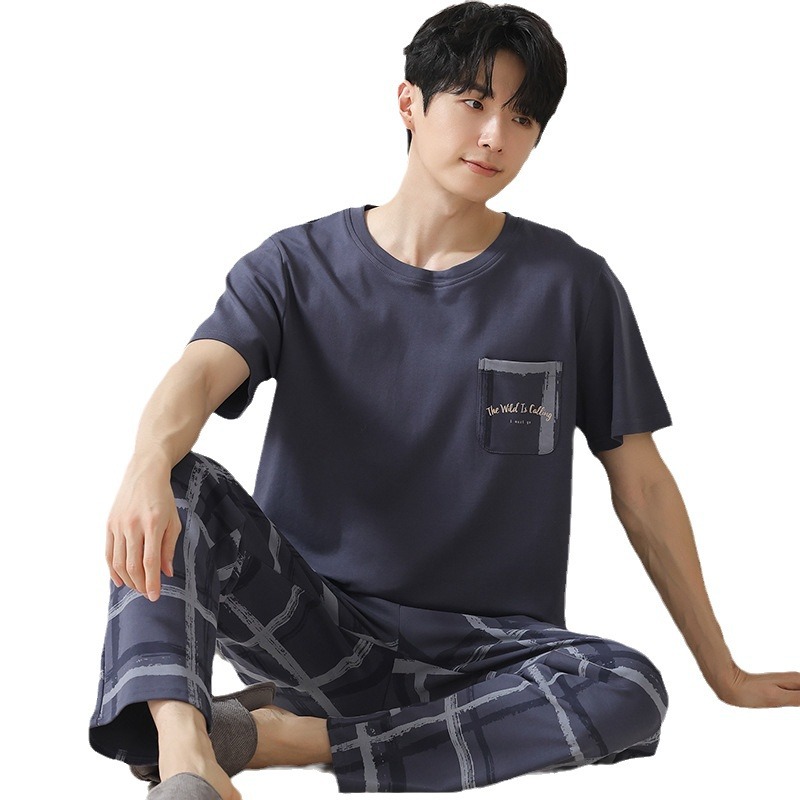 Summer pure cotton pajamas for men, cartoon casual short-sleeved shirts and long pants, pure cotton comfortable home wear, summer youth student set Item Picture