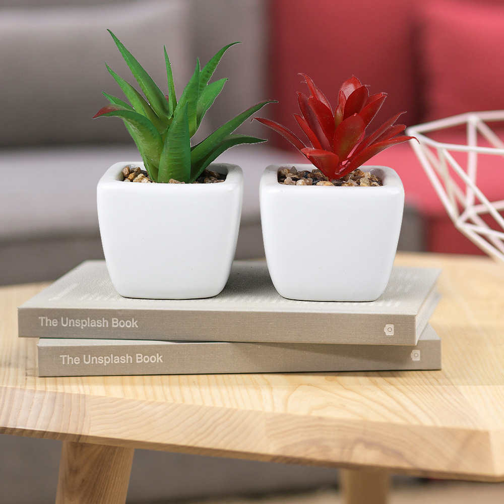 Cross-border home decoration mini potted plant combination desktop display, square ceramic pot with stone cover, succulent artificial plants Specification image