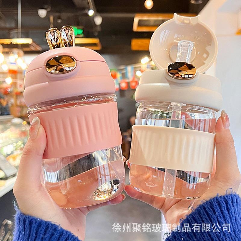 萌兔玻璃吸管杯卡通水杯实用便宜活动小礼品杯子定logo福利品批发10500