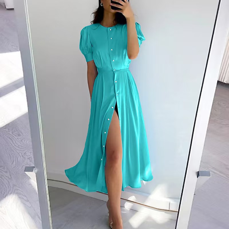 2025 Independent Station Cross-border European and American women's clothing new cardigan slimming and elegant high-waisted dress with short sleeves Specification image