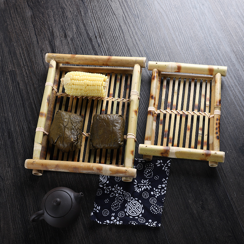 箐楷竹制复古茶托竹编果盘桌面点心盘竹篮竹盘筐方形中国风茶几摆国潮