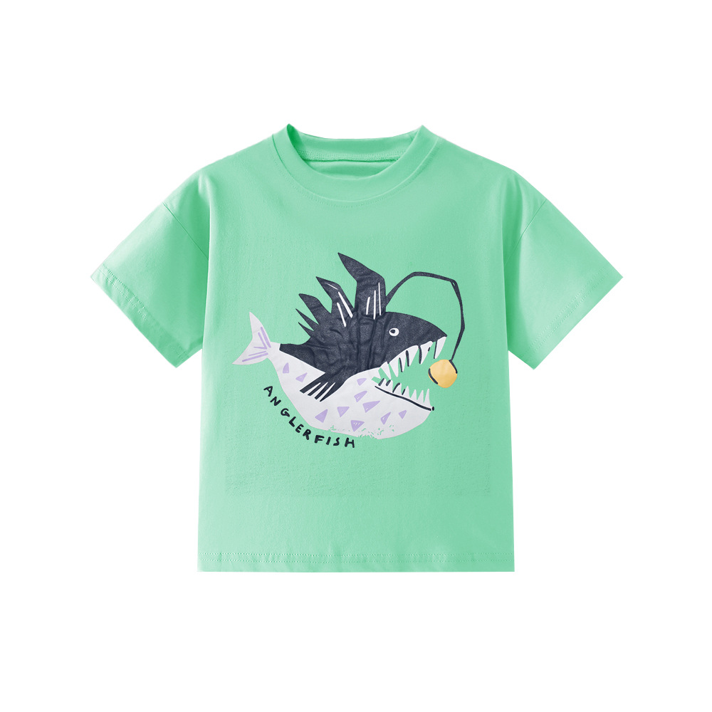 Cross-border European and American style Spring/Summer 26 short-sleeved children's T-shirt cartoon Greedy fish round-neck printed children's top clothing Item Picture