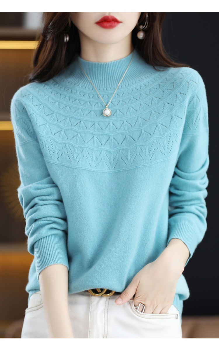 Autumn and winter semi-high neck hollowed-out 100 wool one-line seamless wool sweater, jacquard fashionable pullover sweater base layer pic 25