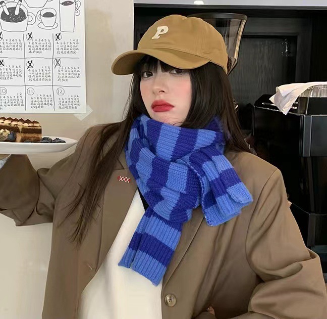 Korean Version Of The New Woolen Scarf Women's Autumn And Winter Day All Match White Warm Color Striped Knit Couple Neck Specification drawing