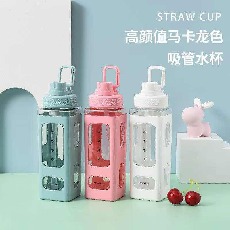 Wholesale square straw plastic sports water bottles, cross-border e-commerce, high appearance level square cup double-layer convenient handle water bottles full figure