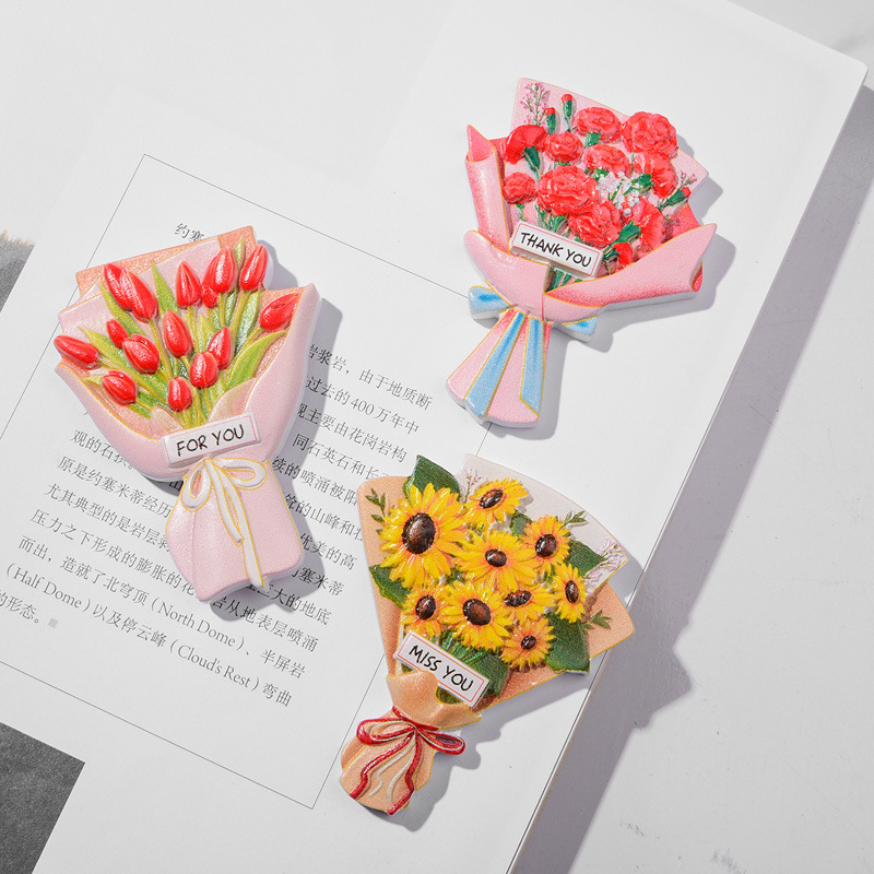 Flower Bouquet Resin Refrigerator Sticker Creative Family Gift Decoration Magnetic Sticker Three-Dimensional Fresh Little Cute Refrigerator Sticker Application Scenario