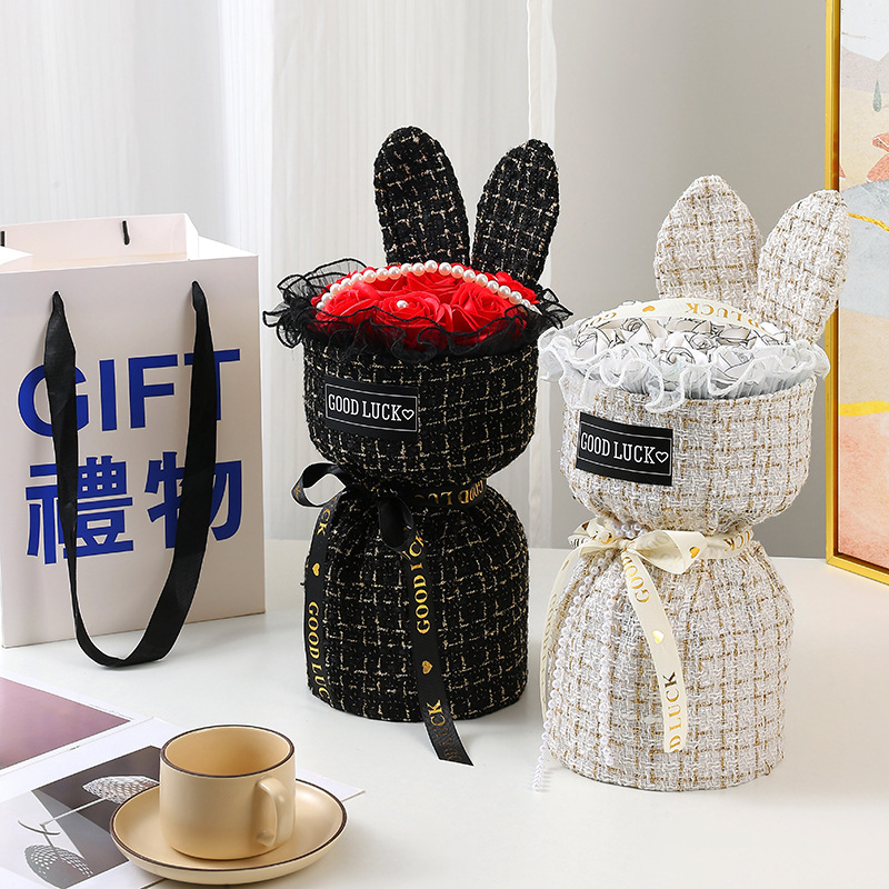 国潮兔耳朵玫瑰香皂花520女友小香风七夕节母亲节仿真永生花生日礼物