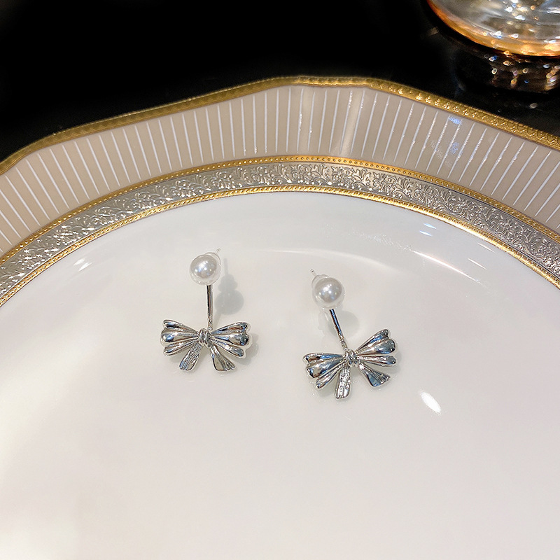 S925 Silver Needle Back Hanging Pearl Bow Earrings Cold Wind Everything Temperament Earrings Stud Korean Trend Earrings Female Specification drawing