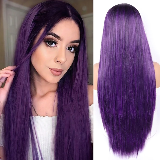 A mid-parted long straight hair wig with a gradient of multiple colors and a fashionable long bangs made of synthetic fiber details Picture