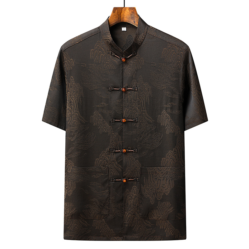 Chinese trend Tang suit men's ice silk short-sleeved shirt set, new Chinese-style Hanfu for middle-aged and elderly people, dad and grandpa's morning exercise Tai Chi suit summer Item Picture