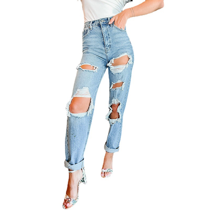 Factory direct sales of American straight-leg women's jeans, high-waisted and slimming 2022 new style European export ripped jeans Item Picture
