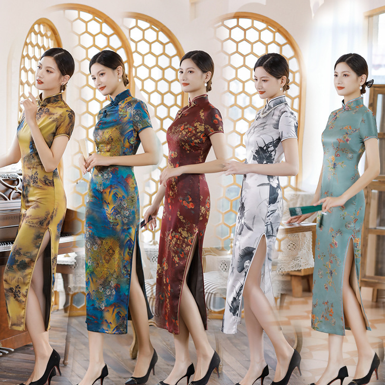 2022夏秋新款短袖长款绸缎年轻中国风显瘦旗袍裙大码妈妈女装批发