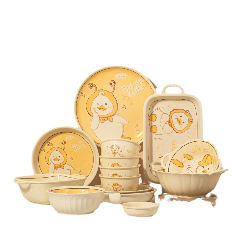 Net Red High Appearance Level Cute Duck Plate Ceramic Bowl Cartoon Cute Fun Wind Underglaze Color Ceramic Tableware Thickened High Temperature Resistance Item Picture
