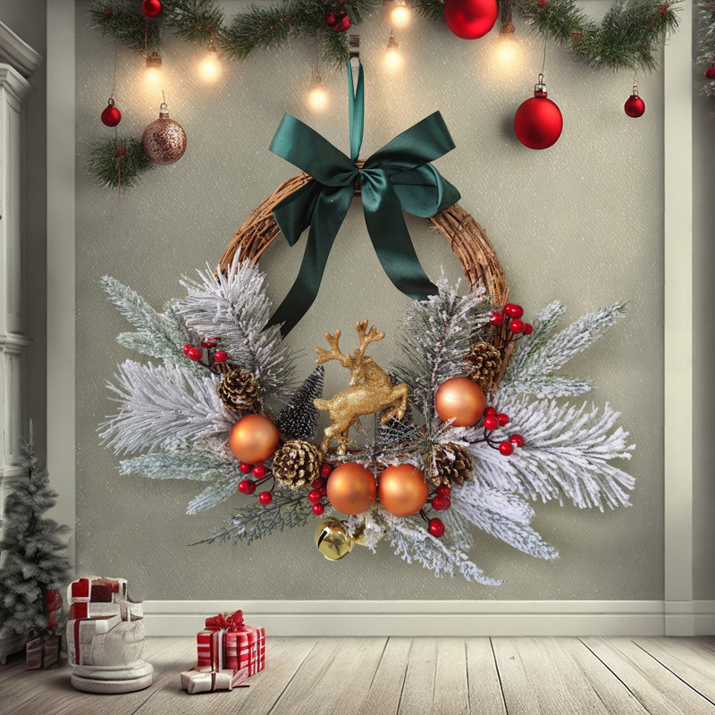 纵鸿跨境新品圣诞花环圣诞节鹿植绒花环圣诞球松果装饰墙挂门挂详情图3