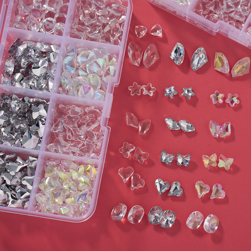 Acrylic nail art accessories, pointed-bottom axe, tilted heart, butterfly, egg-shaped diamond mixed combination, nail small accessories, pasted diamonds details Picture