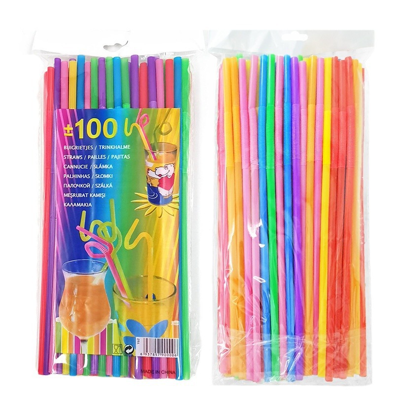 Wholesale of flexible and extended plastic straws for juice drinks and milk tea in stock, 100 pieces each in color Item Picture