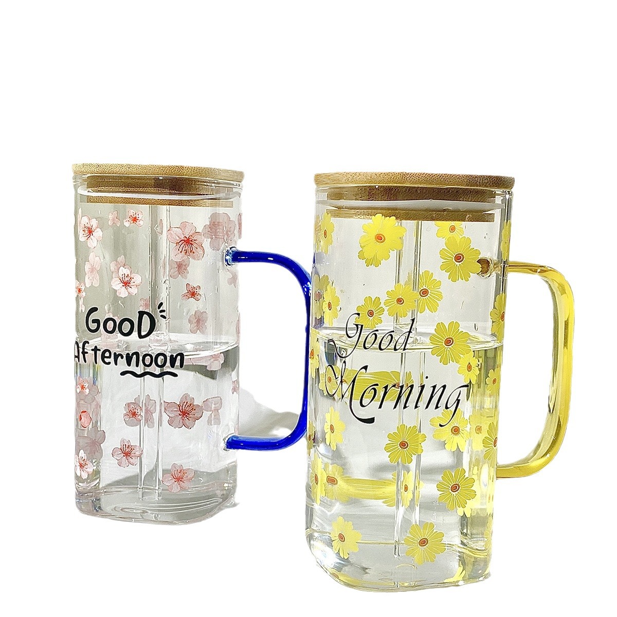 Glass cups, high borosilicate glass printed with LIDS, milk tea straw cups, various styles of household single-layer glass cups Item Picture