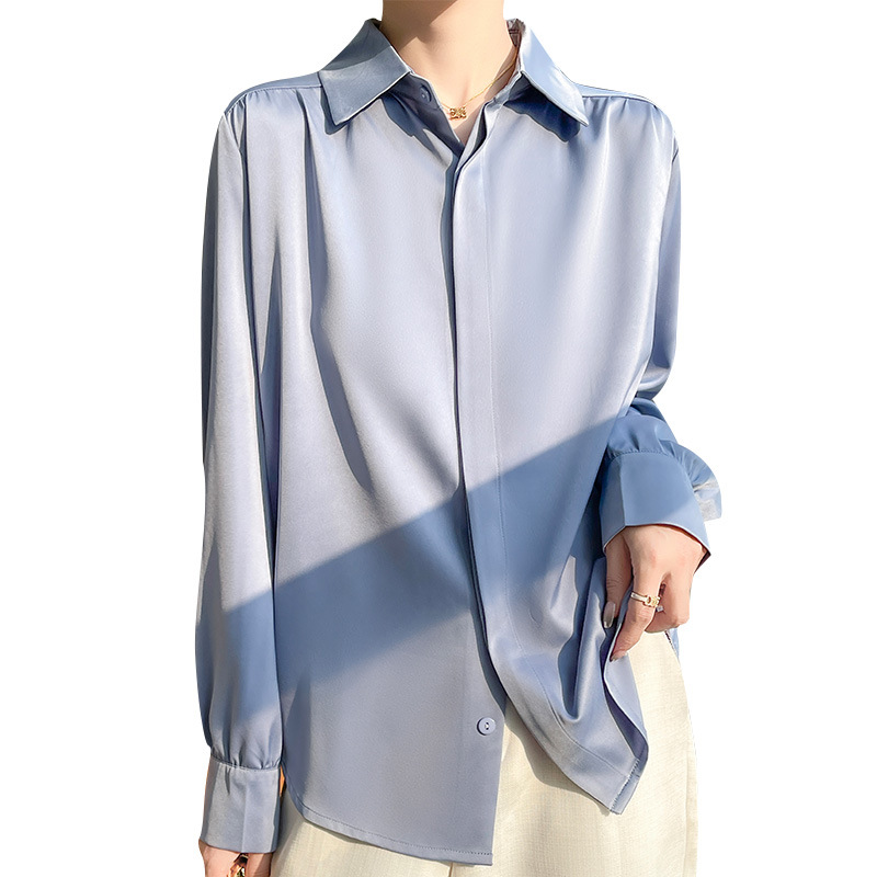 Women's high-end non-silk acetate shirt, women's loose satin solid color shirt, long-sleeved base top, women's summer Item Picture