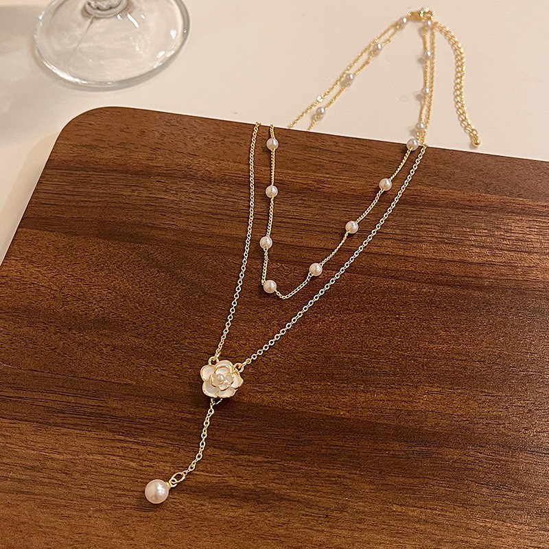 Double-layer tassel necklace, women's pearl, niche camellia collarbone chain, design sense, light luxury, neckchain, elegant details Picture