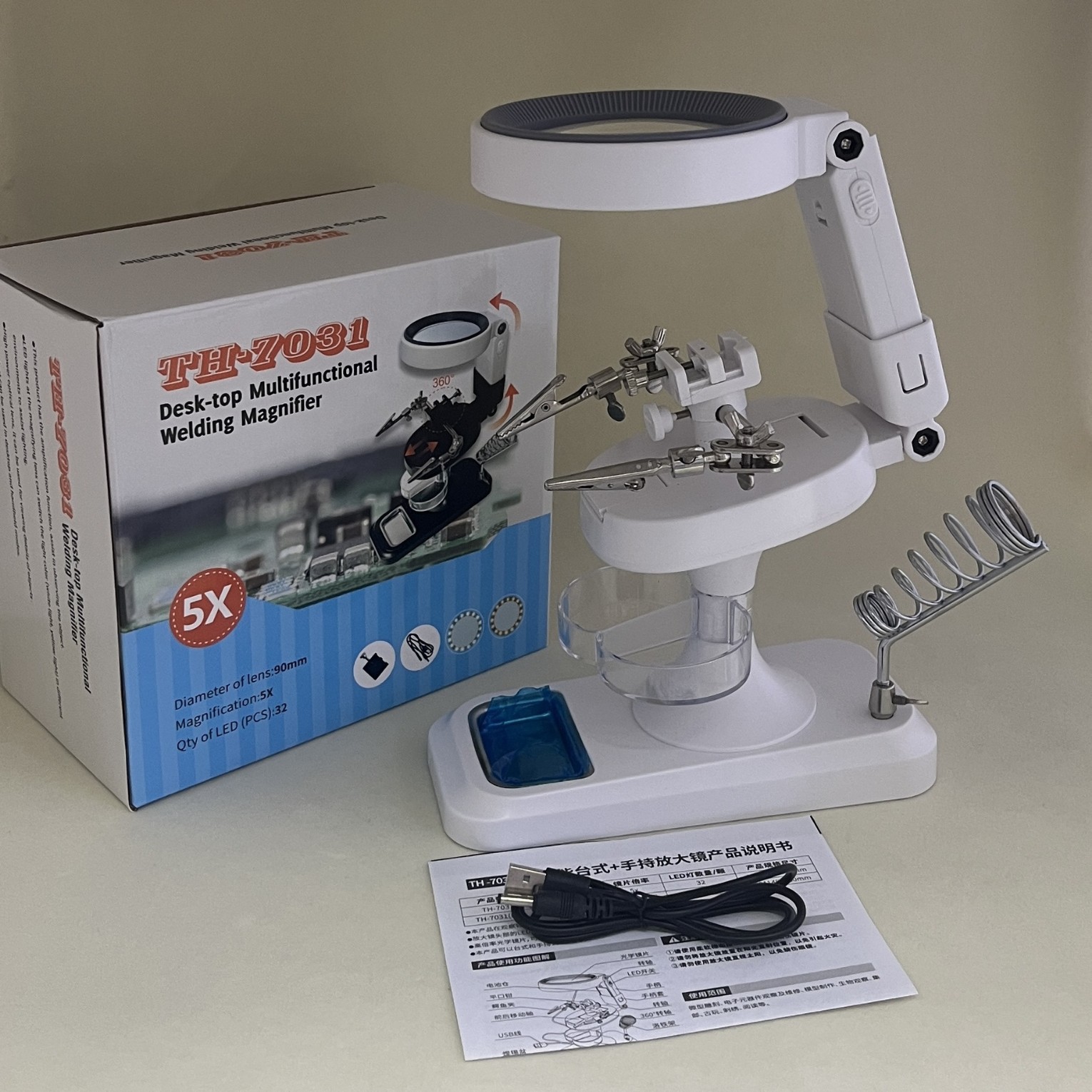 New TH-7031 desktop handheld soldering iron repair folding workbench magnifying glass with lamp assistance Item Picture