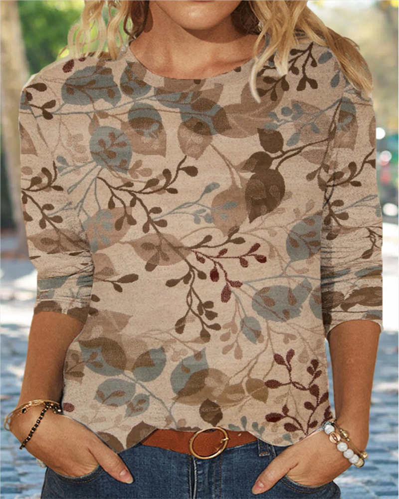 In-stock European and American women's clothing 2022 Amazon Independent Store Autumn new Women's floral printed round-neck long-sleeved T-shirt details Picture