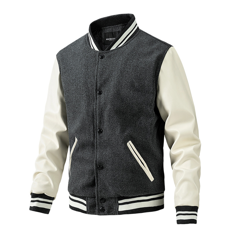 Cross-border jacket for men, autumn and winter fashion American baseball jacket for men, woolen pu sleeve men's coat, casual foreign trade men's clothing Specification image