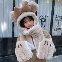 2021 winter new product butterfly plush hat outdoor warm multifunctional hat scarf gloves all-in-one hat