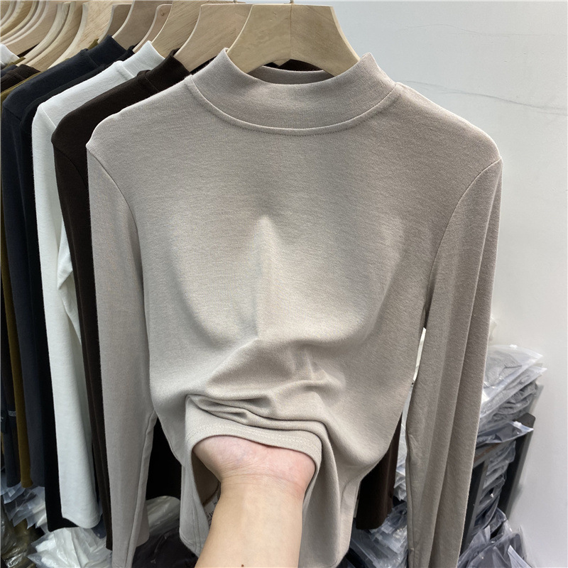 High-quality brushed fleece stand-up collar base layer for women, long-sleeved T-shirt, 2022 autumn and winter new style pure cotton versatile inner layer top