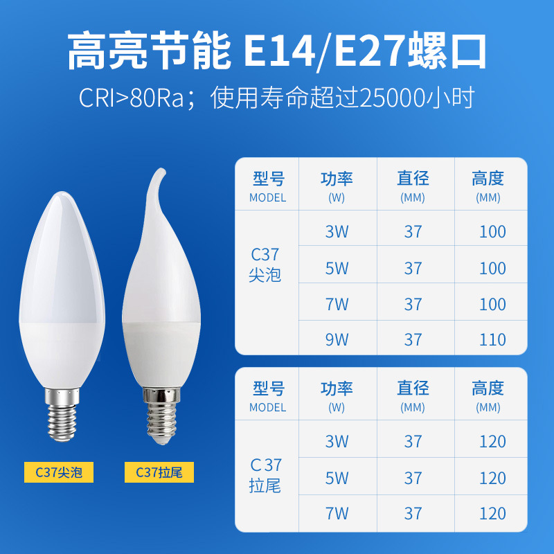 Cross-border exclusive E14 screw-top LED candle bulb, C37 pointed bubble tail warm white crystal chandelier, energy-saving details Picture