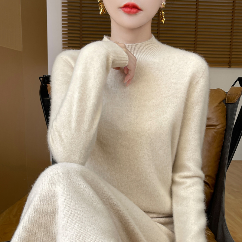 Seamless one-piece ready-to-wear women's pure wool sweater, semi-high neck solid color 100 wool knitted sweater, high-end top