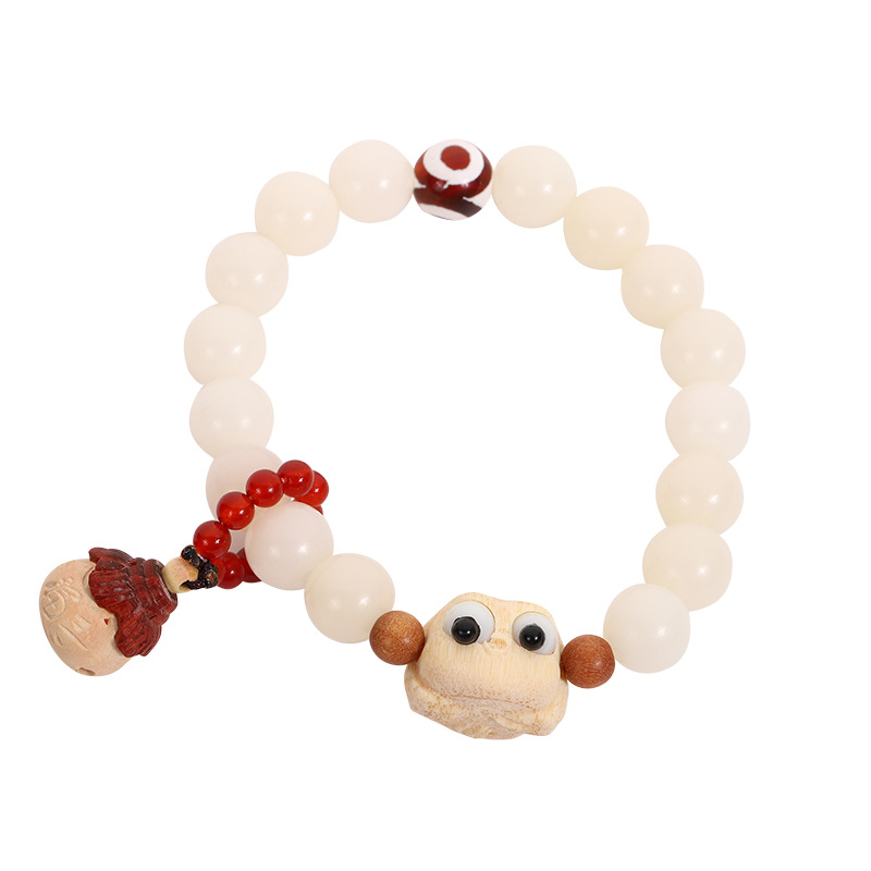 Chinese-style white jade Bodhi prayer beads bracelet, retro Gua Gua Lai CAI cultural play bracelet, national trend lion single-ring bracelet Item Picture
