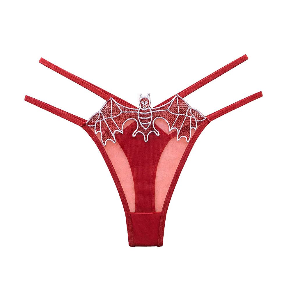 Sexy thong women's bat-themed, shiny embroidered thin ribbons, cut-out transparent chiffon, seductive and romantic girls' underwear Item Picture