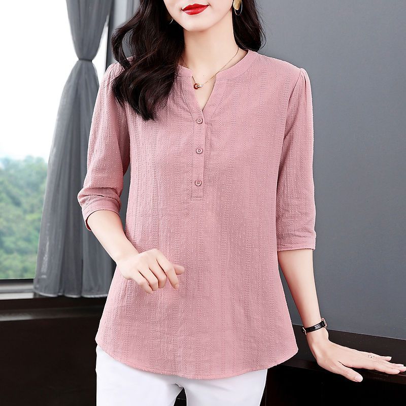 Mid-Sleeve Shirt Women's Spring And Autumn New Style V-Neck Seven-Point Sleeve Top Large Size Thin Women Lining Clothes Application Scenario
