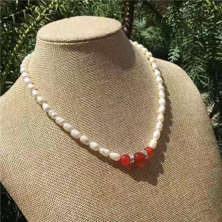 Natural freshwater pearl necklace and agate red and green fashion combination, a great gift for Mother's Day from live-streaming influencers Specification image
