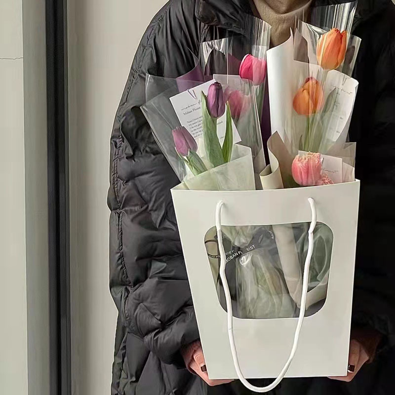 梯形橱窗甜心手提袋创意鲜花包装袋开窗花束伴手礼袋鲜花袋批发