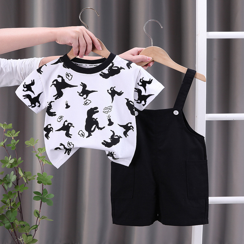 0-5 years old children's overalls set, boys' summer short-sleeved sleeve set full of dinosaur-printed round-neck T-shirt and shorts 2-piece set Specification image