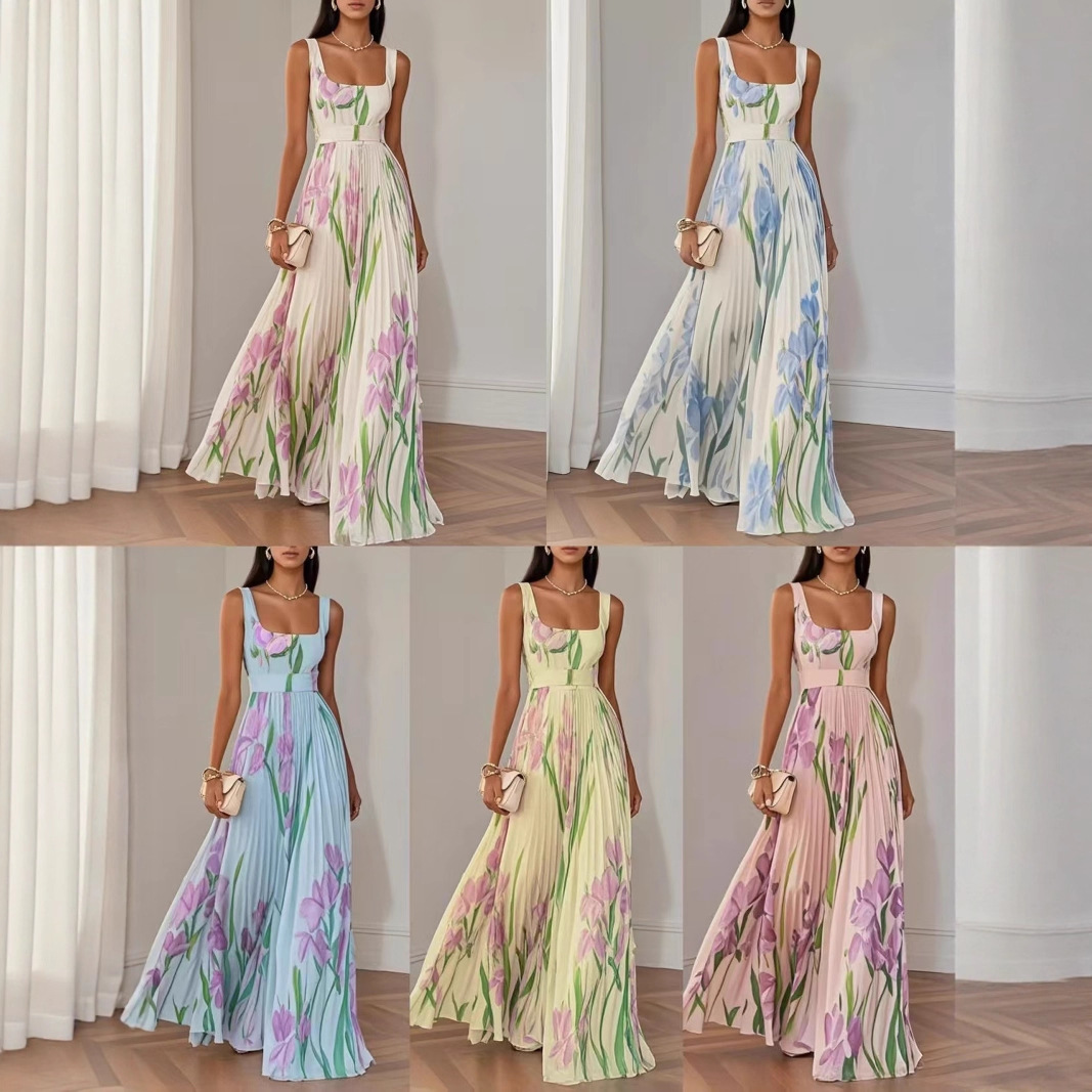 Amazon Summer 2025 Slimming and form-fitting sleeveless pleated halter print long dress from Europe and America Cross-border full figure
