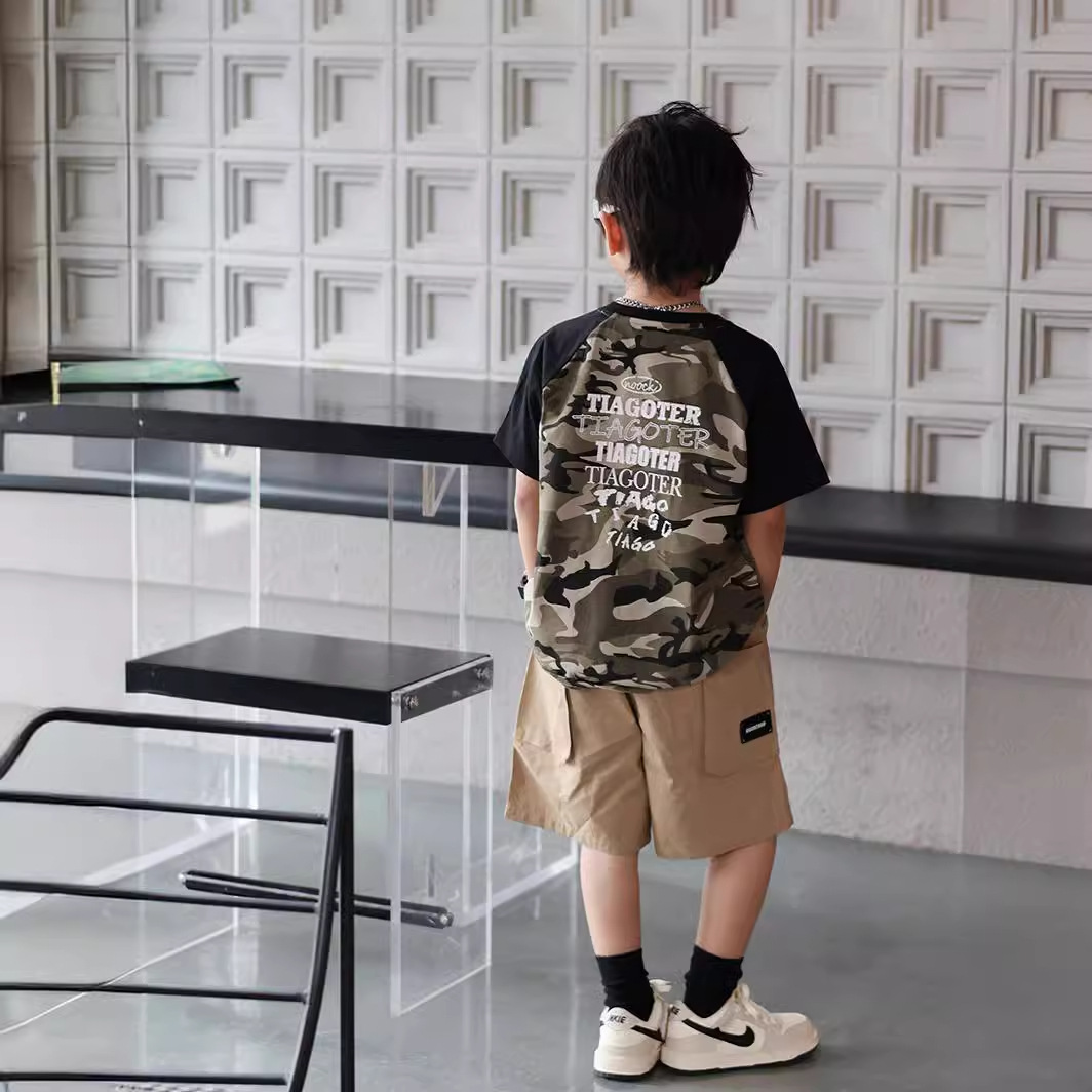 Summer boys' camouflage short-sleeved T-shirt 2024 summer wear, Zhongda Children's Summer Camp military training uniform with shoulder sleeves, children's T-shirt Specification image