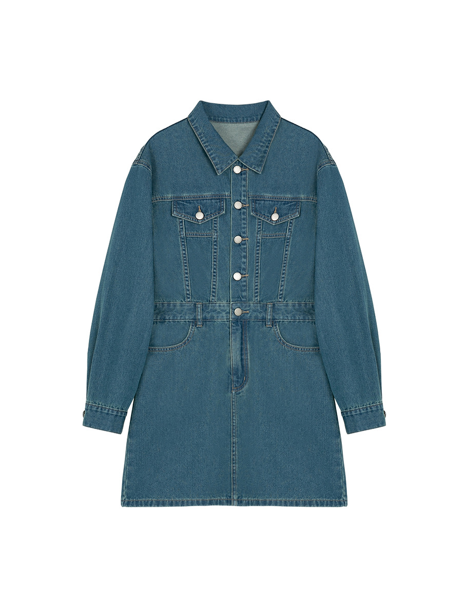 Airport girl's retro-style casual waist-cinching slimming short skirt 2022 autumn long-sleeved denim dress Item Picture