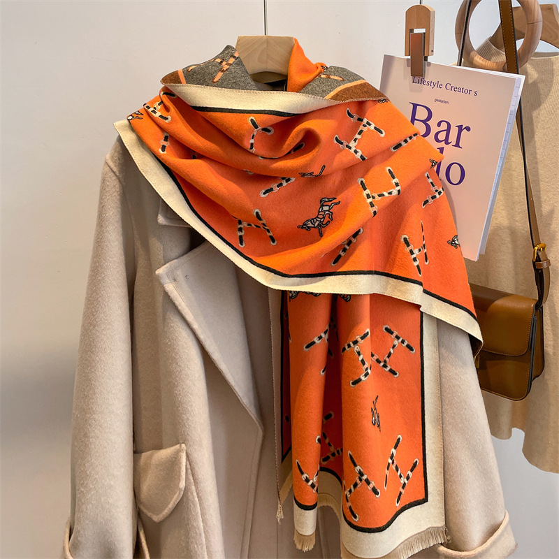 New Scarf Women's Imitation Cashmere Pulled Wool Thickened 2022 Winter Shawl Everything Neck H Letter Fashion Brand Explosion details Picture