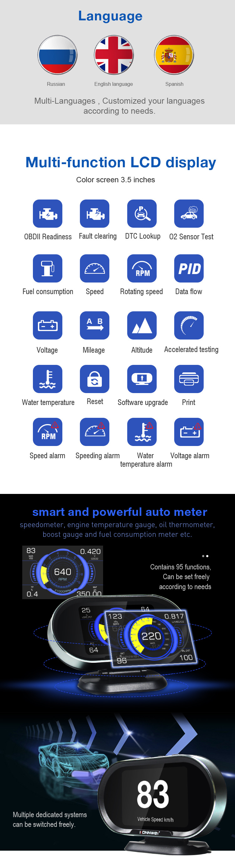 汽车改 装抬头显示器KONNWEI新款KW206汽车故障扫描仪+抬头显示器详情4