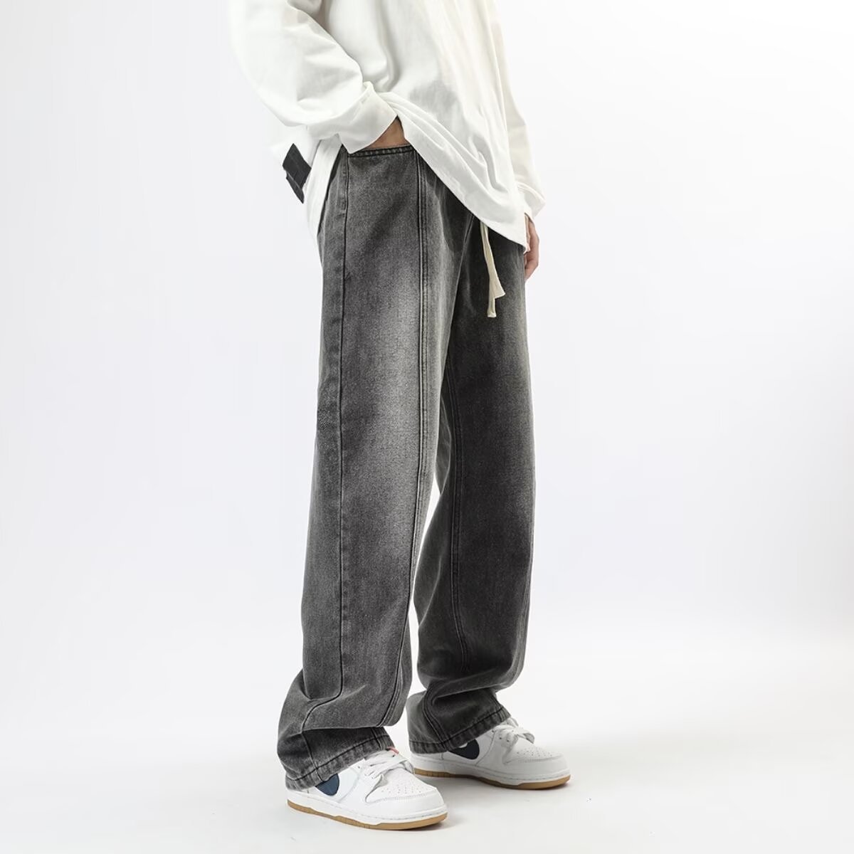 FUIV retro washed drape loose wide-leg American grey gradient stretched-waist men's casual straight-leg trousers Specification image