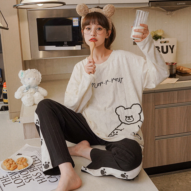 Spring and autumn long-sleeved pajamas for women, thin cotton large-sized round-neck striped all-cotton autumn women's home wear set details Picture